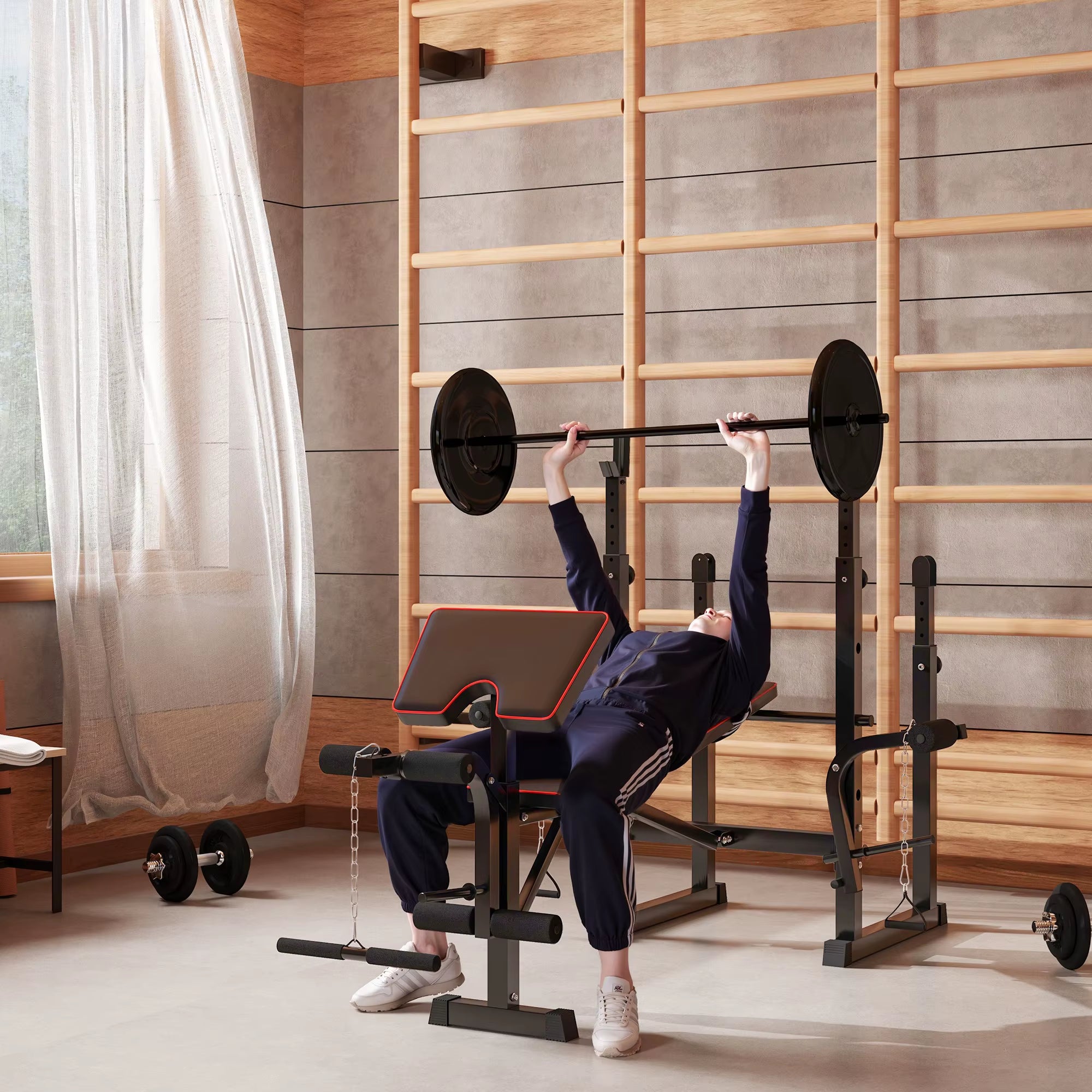 Weight Bench with Bench Press Rack, Preacher Curl Bench, Leg Curl Machine, Incline or Flat Workout Bench for Home Gym